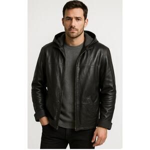 Cayenne Men’s Hooded Soft Leather Bomber Jacket Coat, Black, Street Style, L